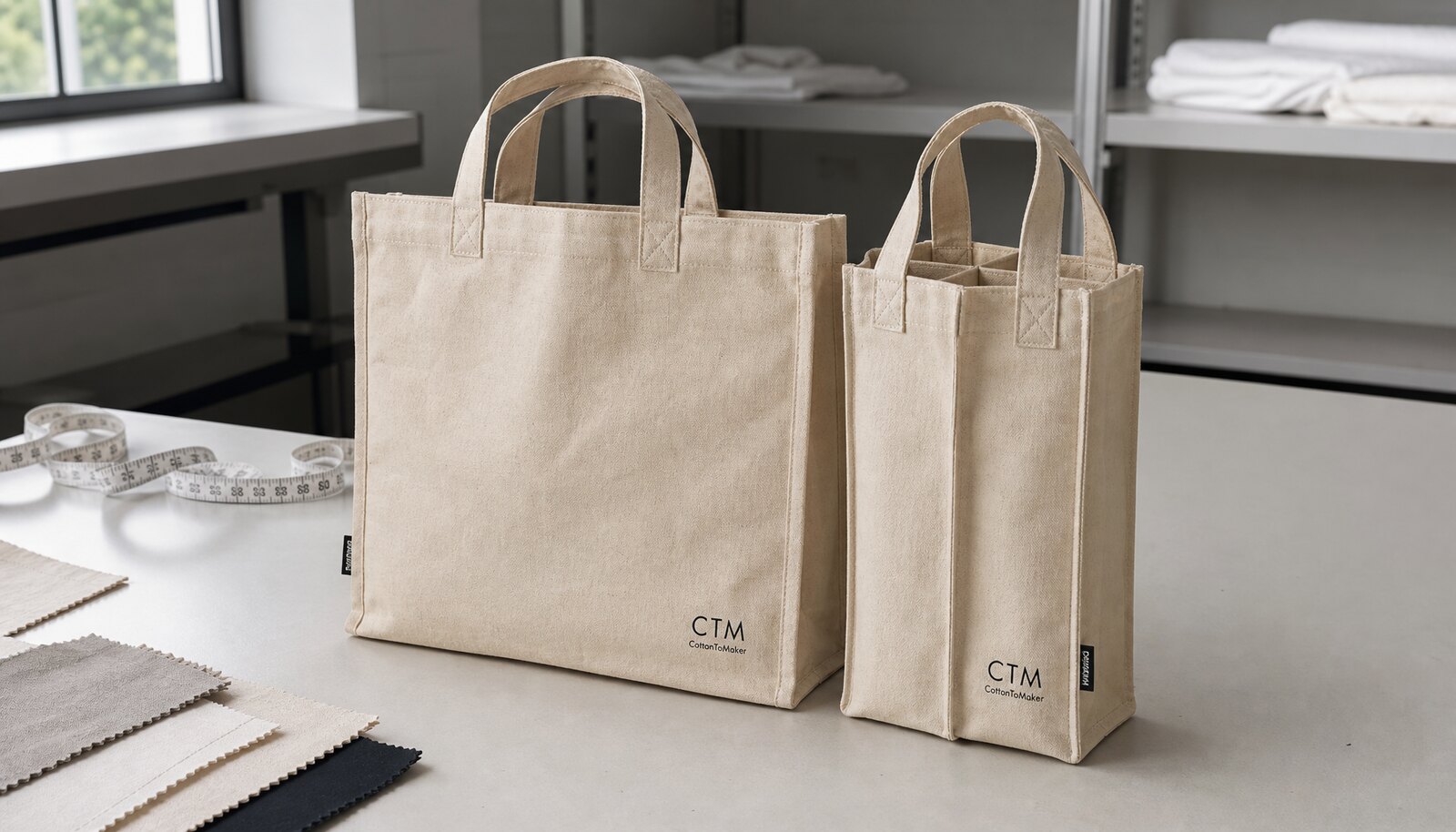Printed canvas shopping bags for wineries with a small CTM CottonToMaker logo printed directly on the bag in a factory sample room