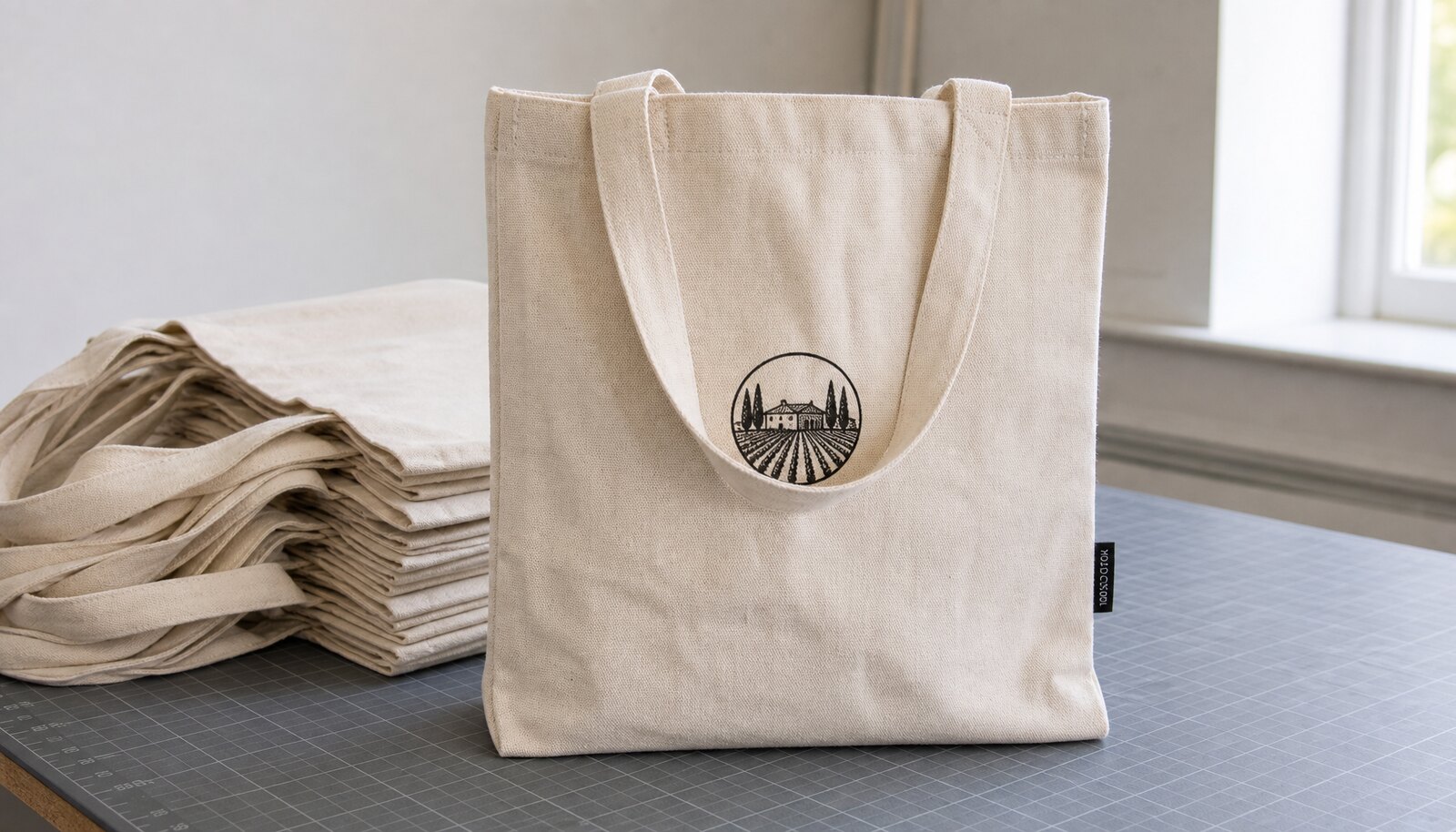 Printed canvas shopping bag with CottonToMaker side label in a factory sample room