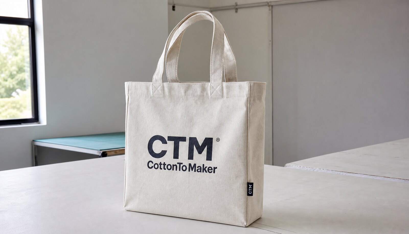 Printed canvas shopping bag with a simple CTM CottonToMaker logo shown in a clean factory sample room