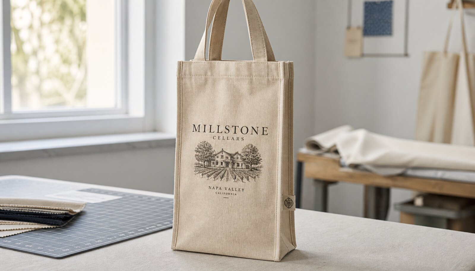 A photorealistic natural canvas winery shopping bag sample with a CTM/CottonToMaker side label in a clean sample room.