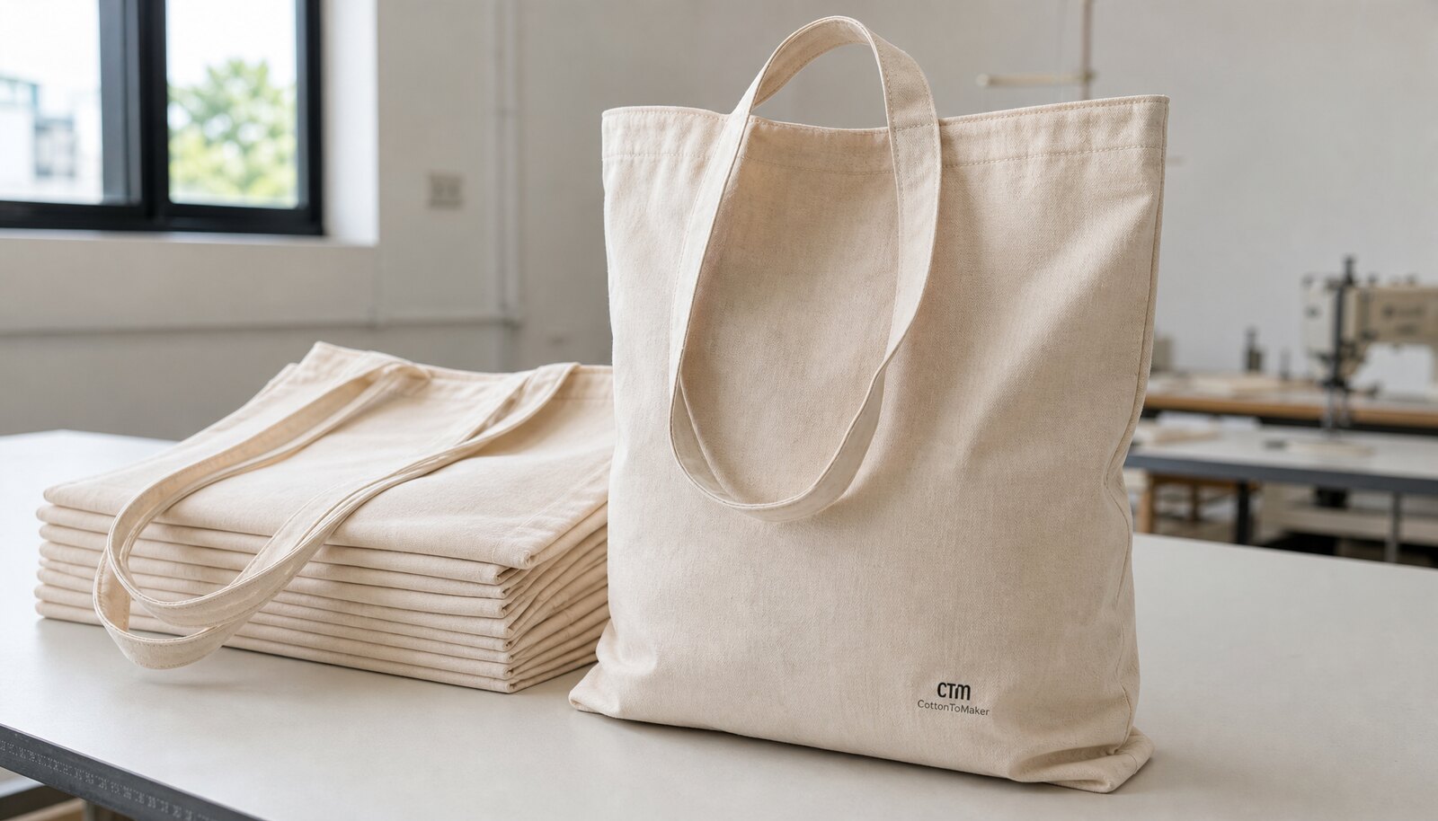 Stack of printed canvas shopping bags with a small CTM CottonToMaker logo in a factory sample room