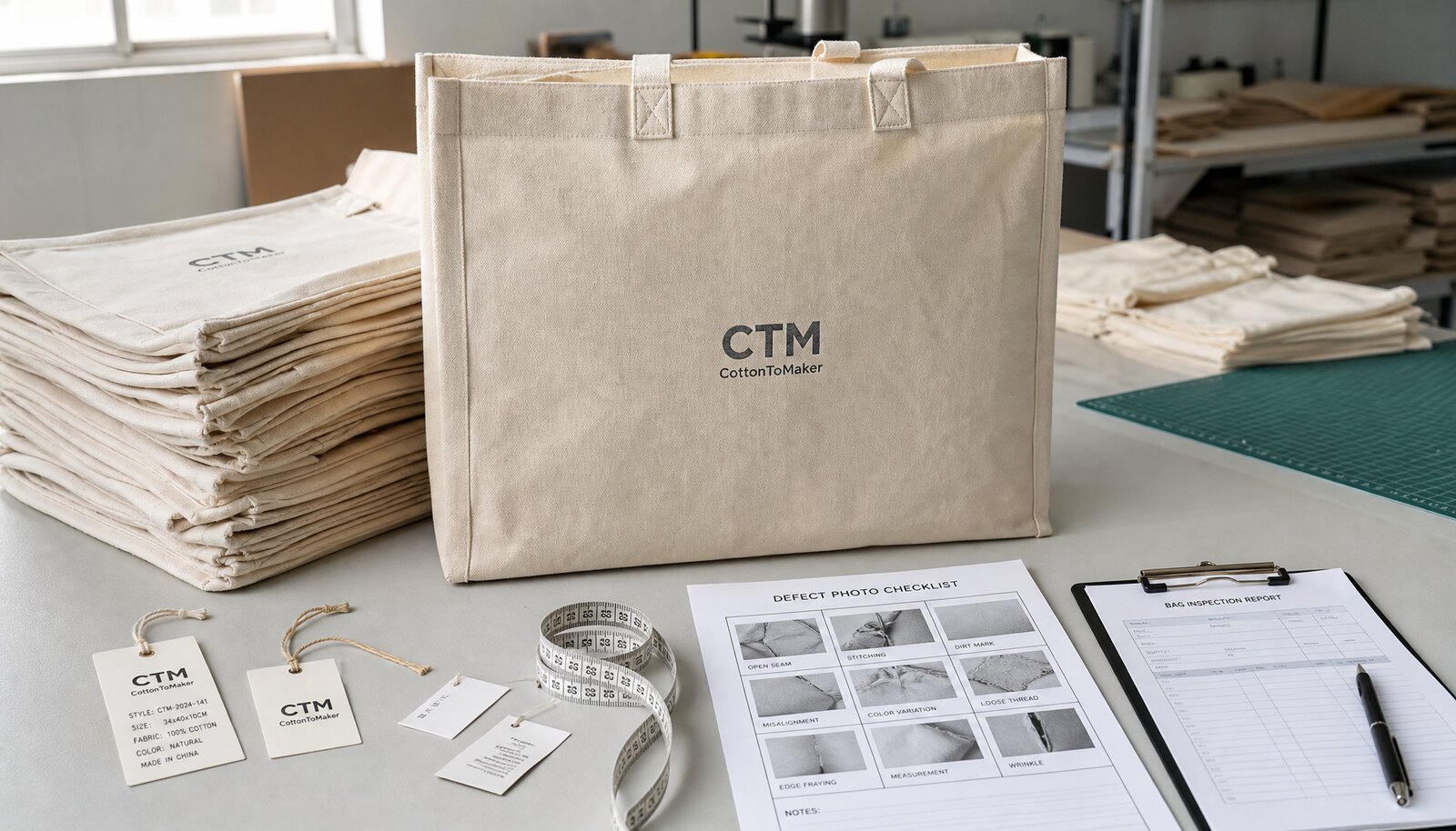 Printed canvas shopping bags with a simple CTM CottonToMaker logo in a factory sample room