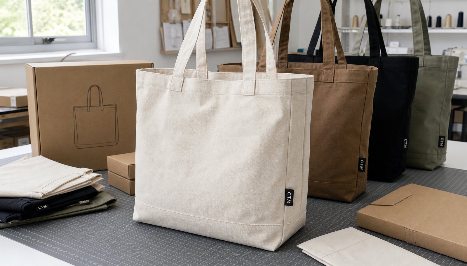 Photorealistic printed canvas shopping bag samples with a small CTM/CottonToMaker logo in a factory sample room.