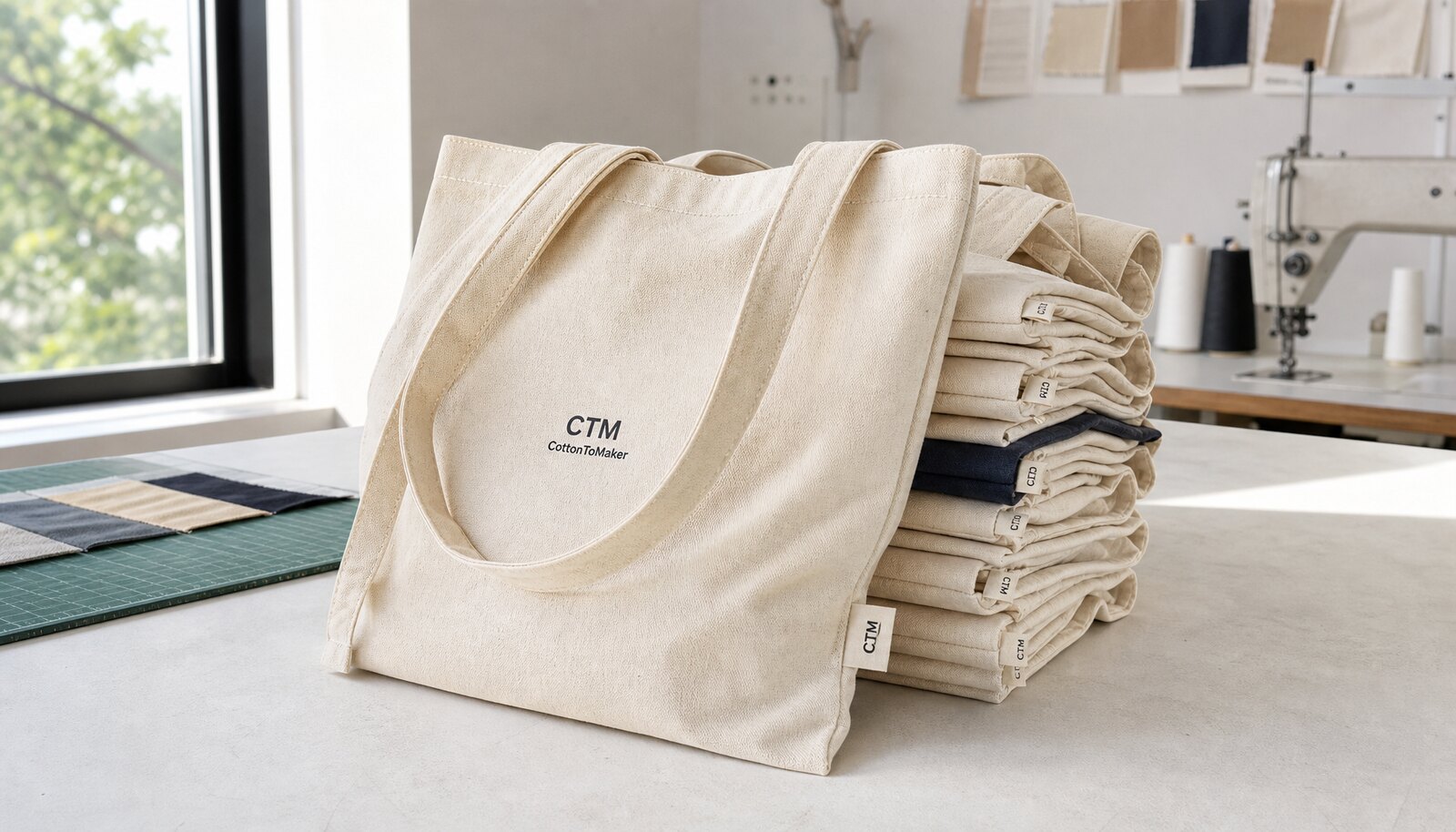 Printed canvas shopping bag with a CTM sample logo in a clean factory sample room