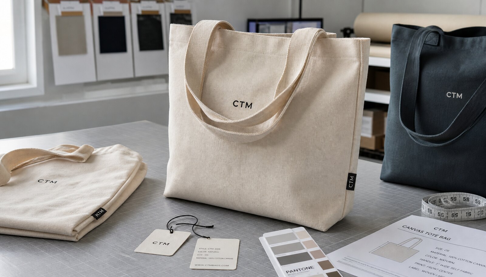 Natural canvas trade show tote bag with a simple CTM logo printed on the front in a clean factory sample room