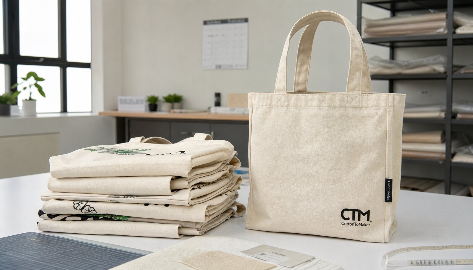 Printed canvas shopping bag sample with CTM CottonToMaker logo in a factory sample room
