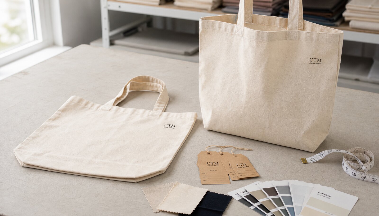 Natural cotton tote bag with a small CTM CottonToMaker logo printed on it in a factory sample room