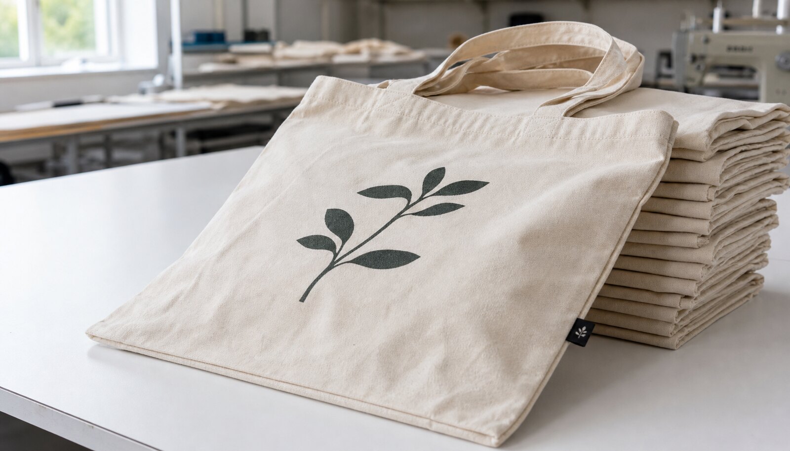 Printed cotton tote bag with a small CottonToMaker side label shown in a clean factory sample room