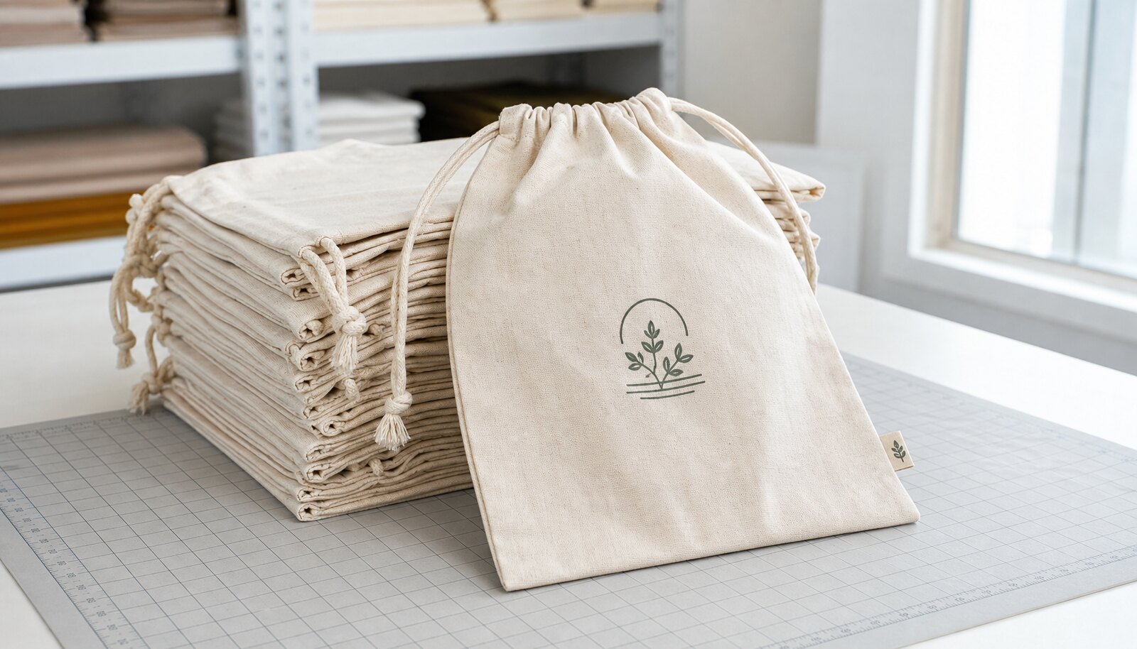 Printed cotton drawstring bags with a small CTM sample logo in a clean factory sample room