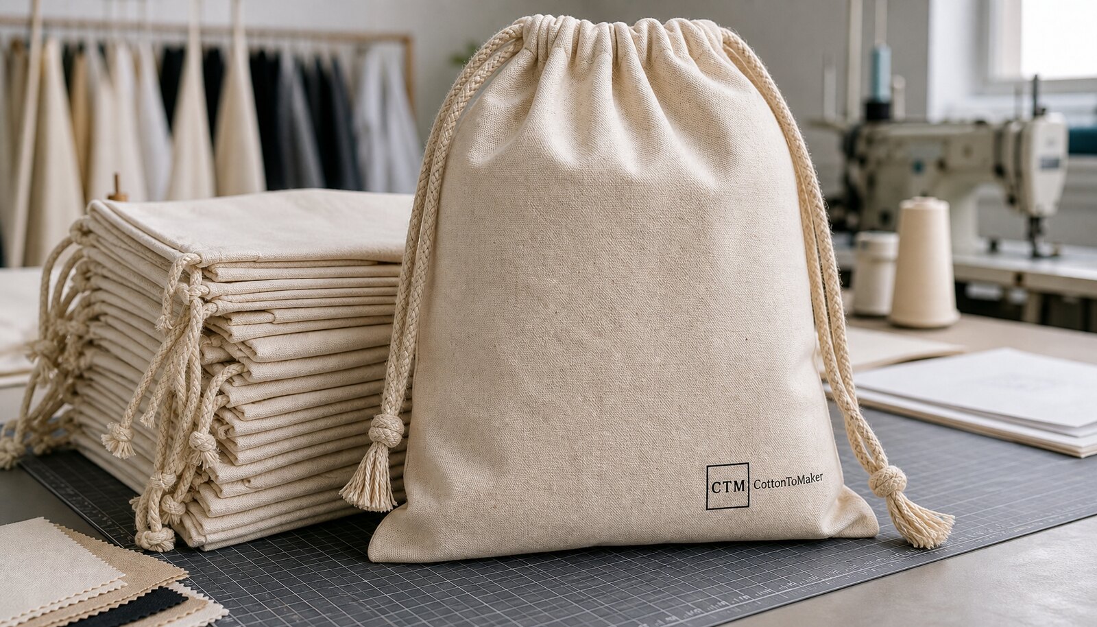 Natural cotton printed drawstring bags with a small CTM CottonToMaker logo printed on the front in a factory sample room