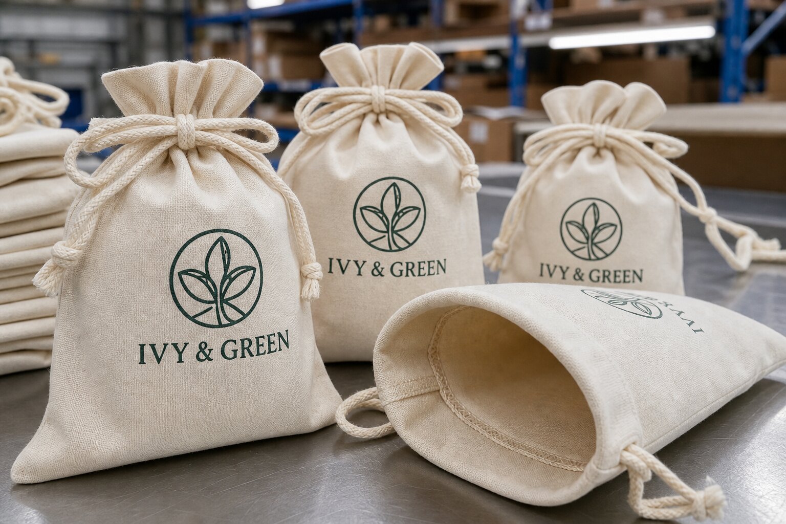 Natural cotton drawstring pouches with printed logo on a factory packing table