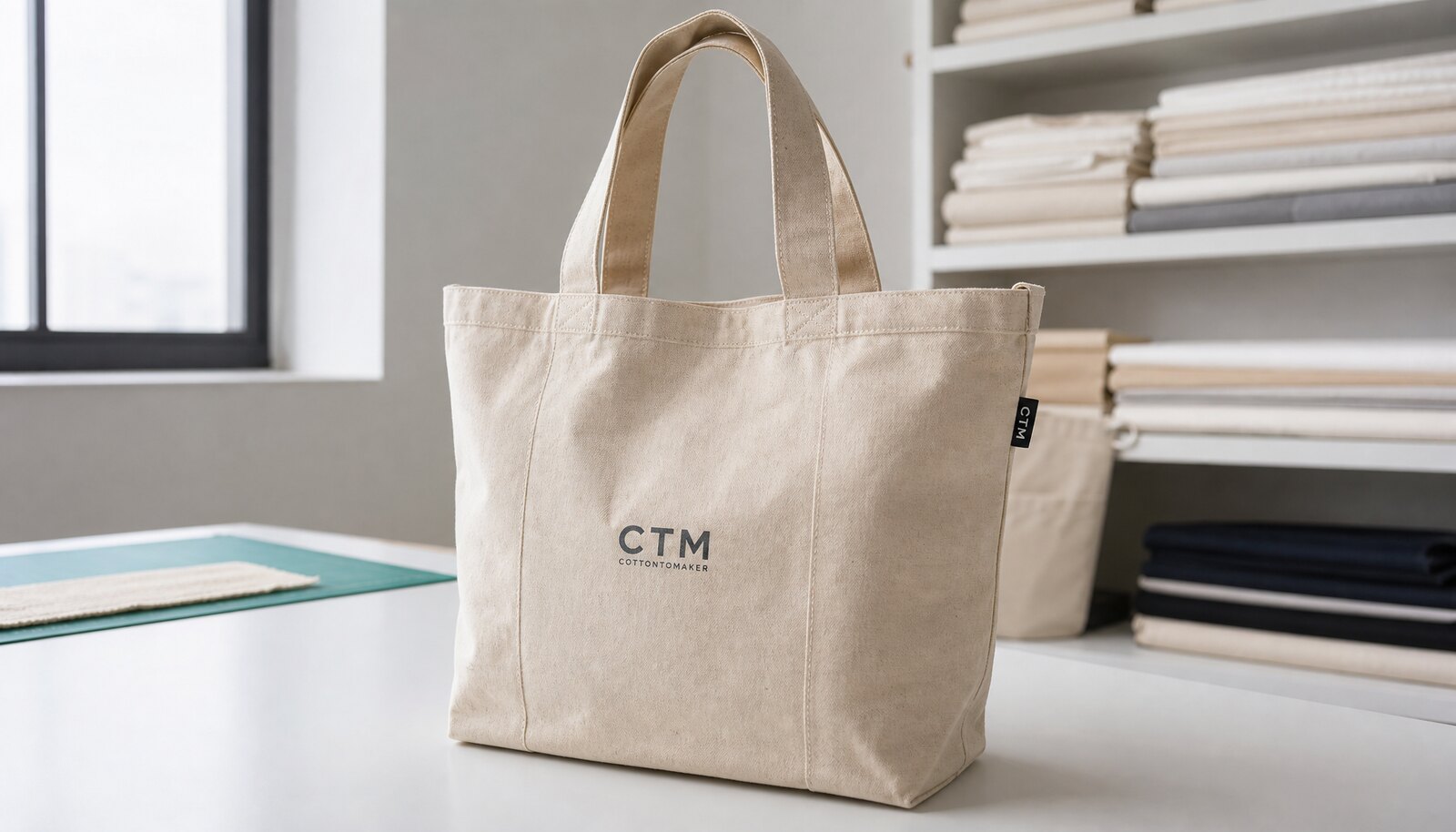 Natural canvas tote bag with a simple CTM sample logo printed on the front in a clean factory sample room.