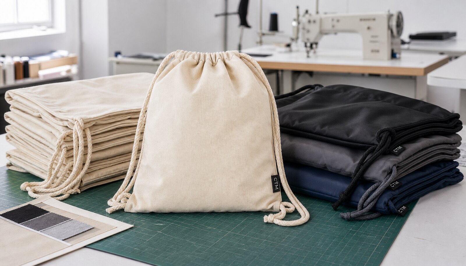 CottonToMaker sample drawstring bags with CTM logo in a factory sample room