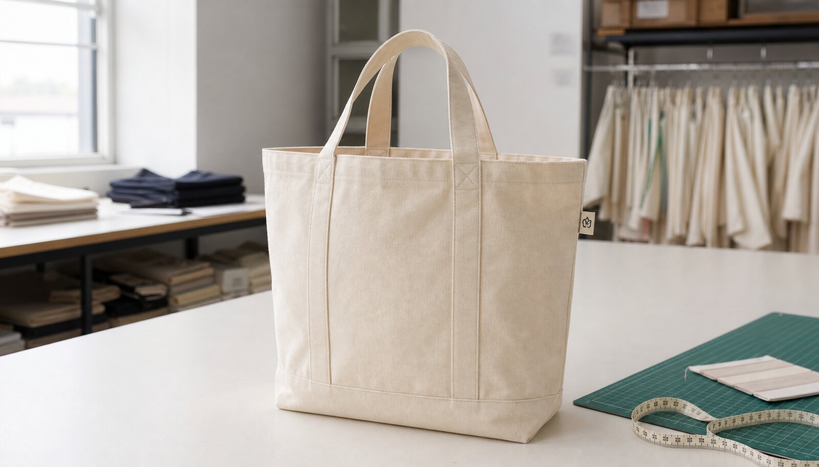 Natural cotton canvas promotional tote with a simple CTM sample logo in a factory sample room