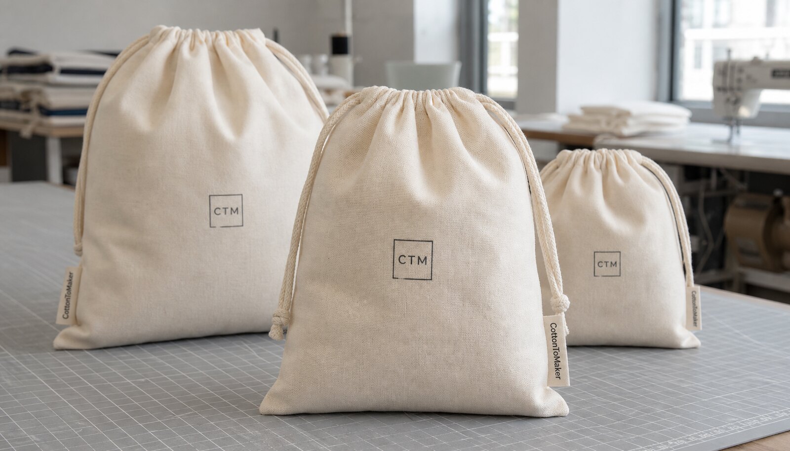 Natural cotton drawstring bags with a simple CTM logo printed on one bag and a CottonToMaker woven side label in a clean factory sample room
