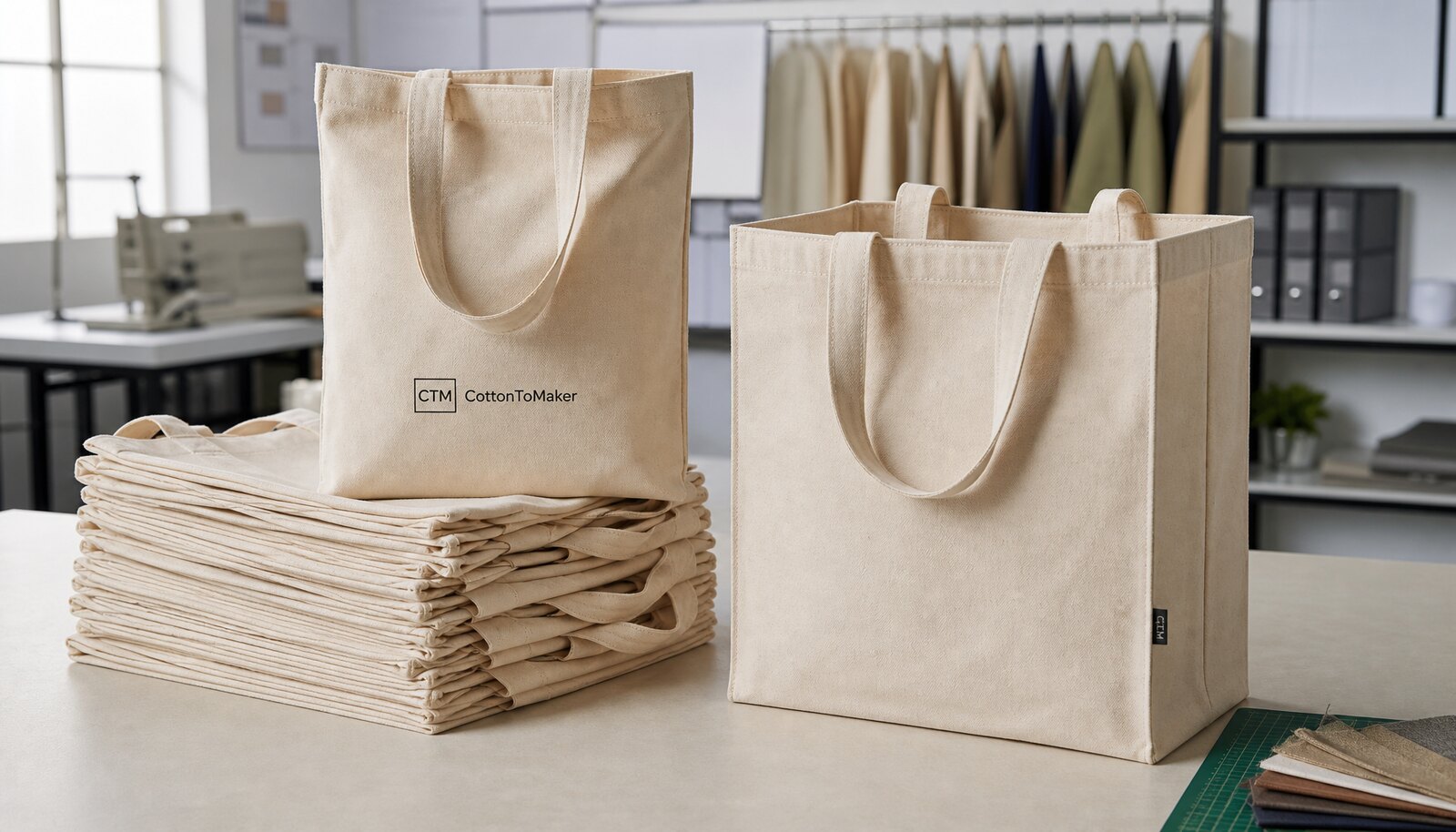 Cotton shopper bags in a factory sample room with a simple CTM logo printed on the bag