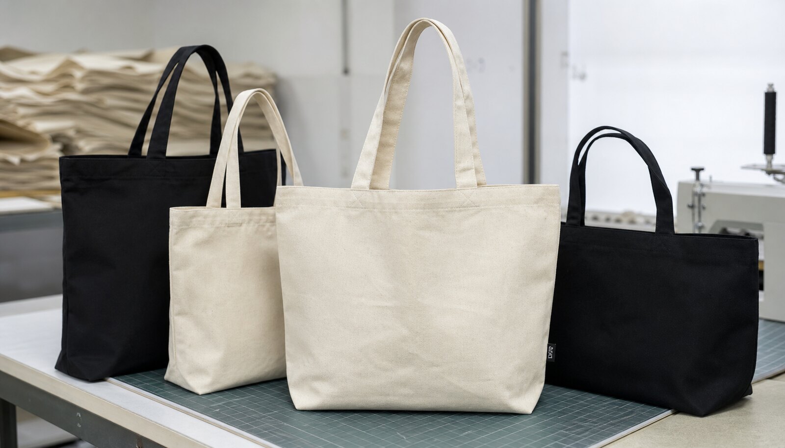 Photorealistic cotton shopping bags in a factory sample room with a visible CTM woven side label