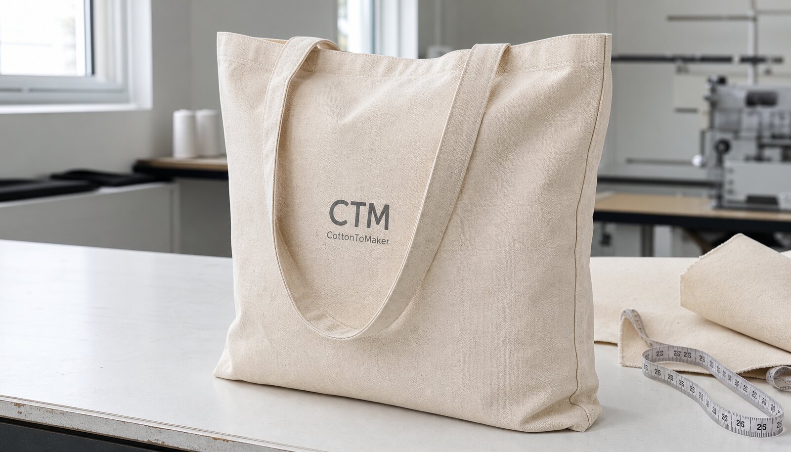 Natural cotton tote bag with a simple CTM CottonToMaker logo printed directly on the bag in a factory sample room