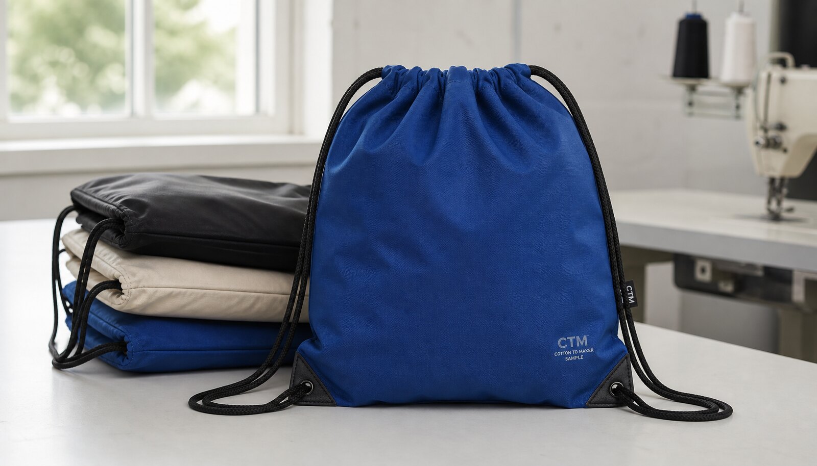 Factory sample room photo of promotional drawstring backpacks with a small CTM/CottonToMaker logo on the bag