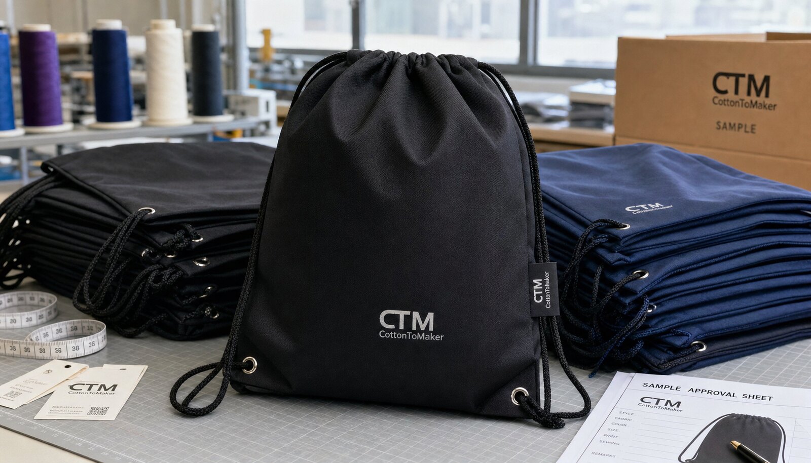 Photorealistic promotional drawstring backpack sample with CTM CottonToMaker logo in a factory sample room