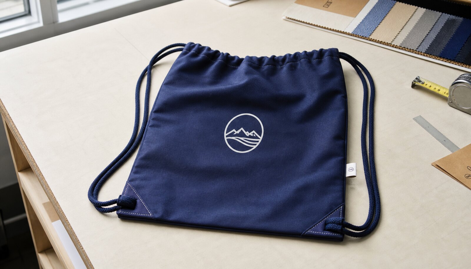 Navy promotional drawstring backpack with a small CTM/CottonToMaker side label in a factory sample room