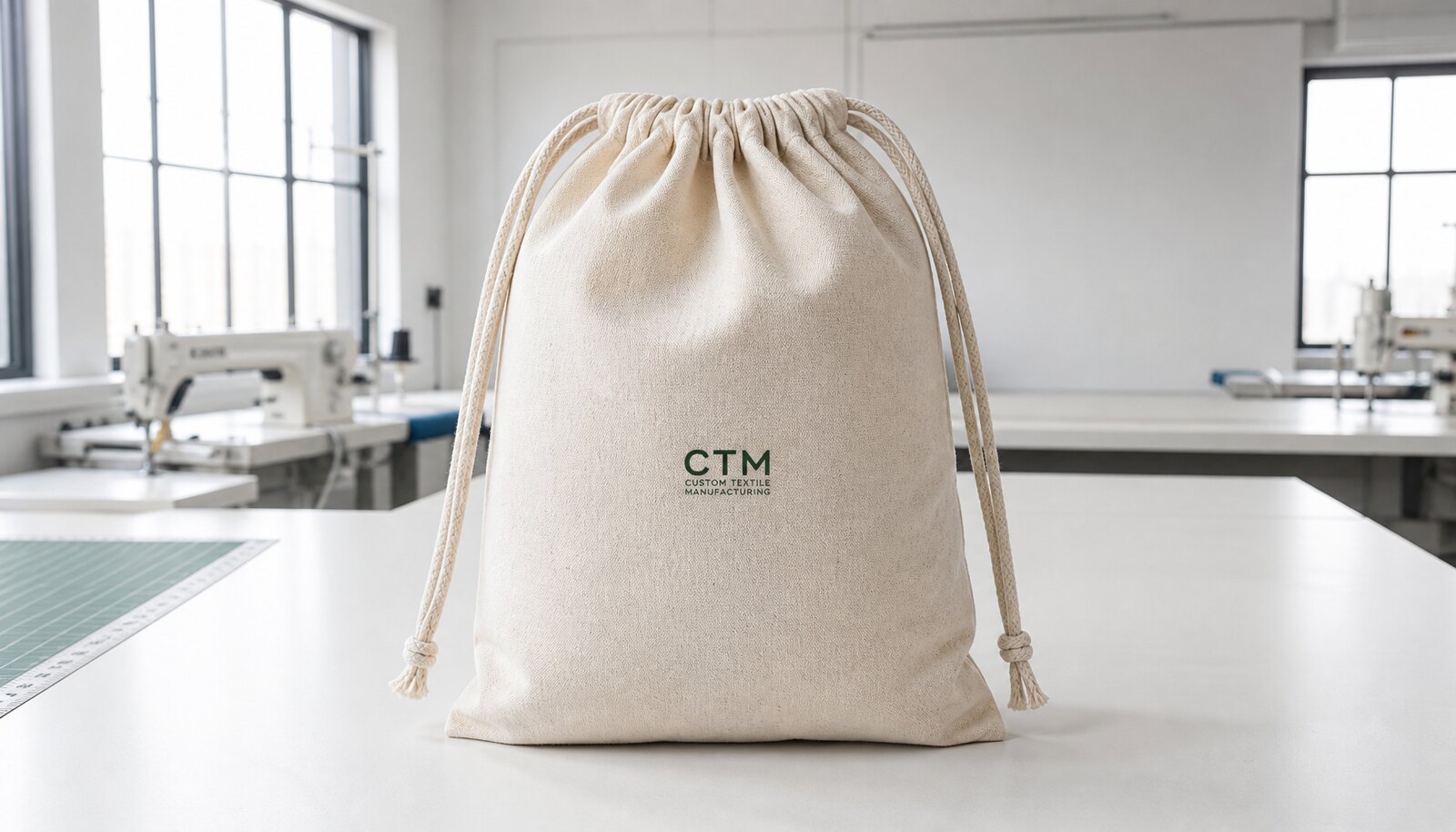 Natural cotton drawstring bag with a printed CTM sample logo in a clean sample room