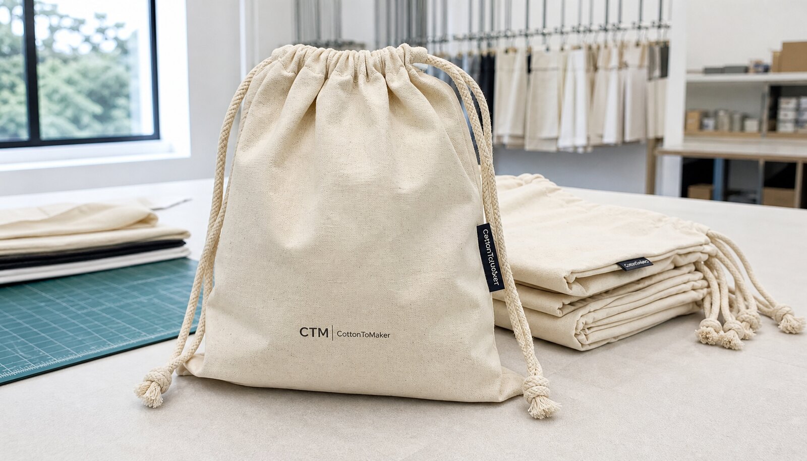 Photorealistic cotton drawstring bags in a factory sample room with a simple CTM / CottonToMaker logo printed on the bag and a woven side label.