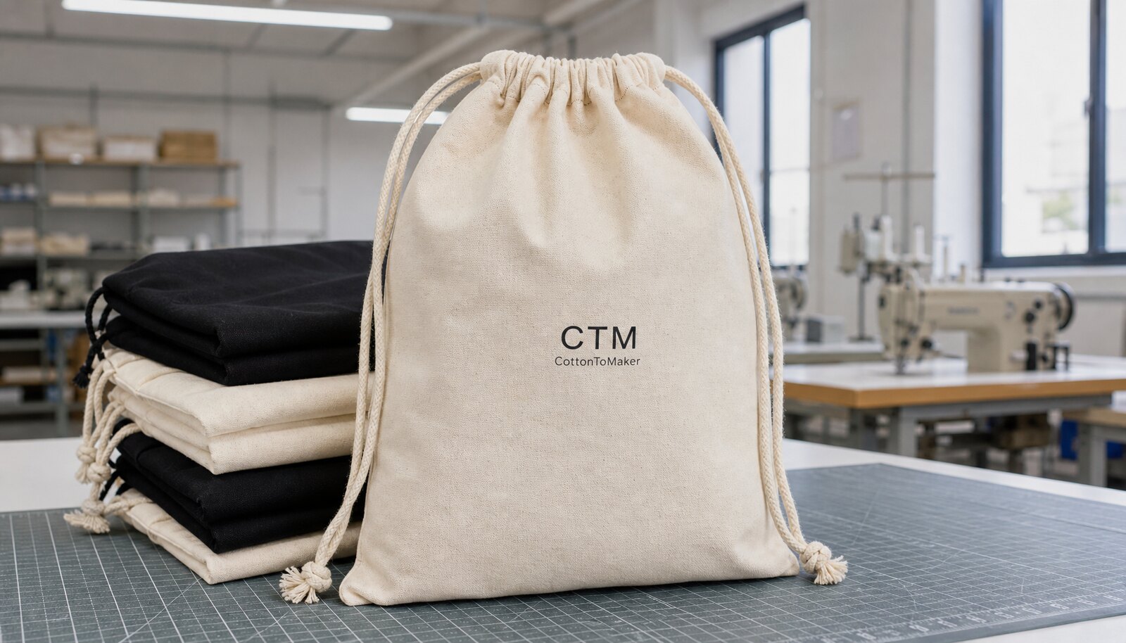 Photorealistic promotional drawstring bag with CTM logo printed on the front in a factory sample room