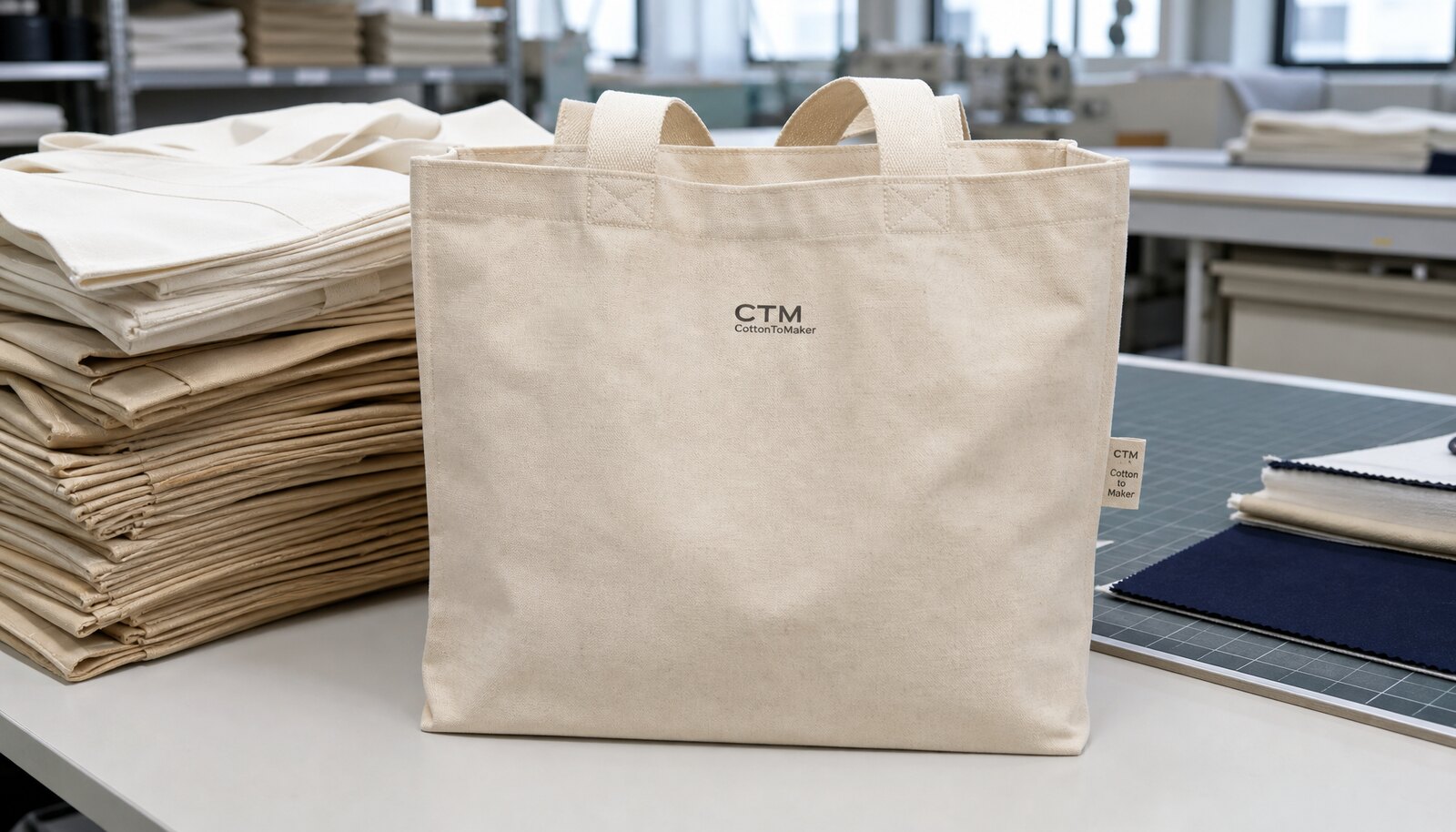 Promotional eco cotton bag with a small CTM CottonToMaker logo printed on the front in a factory sample room