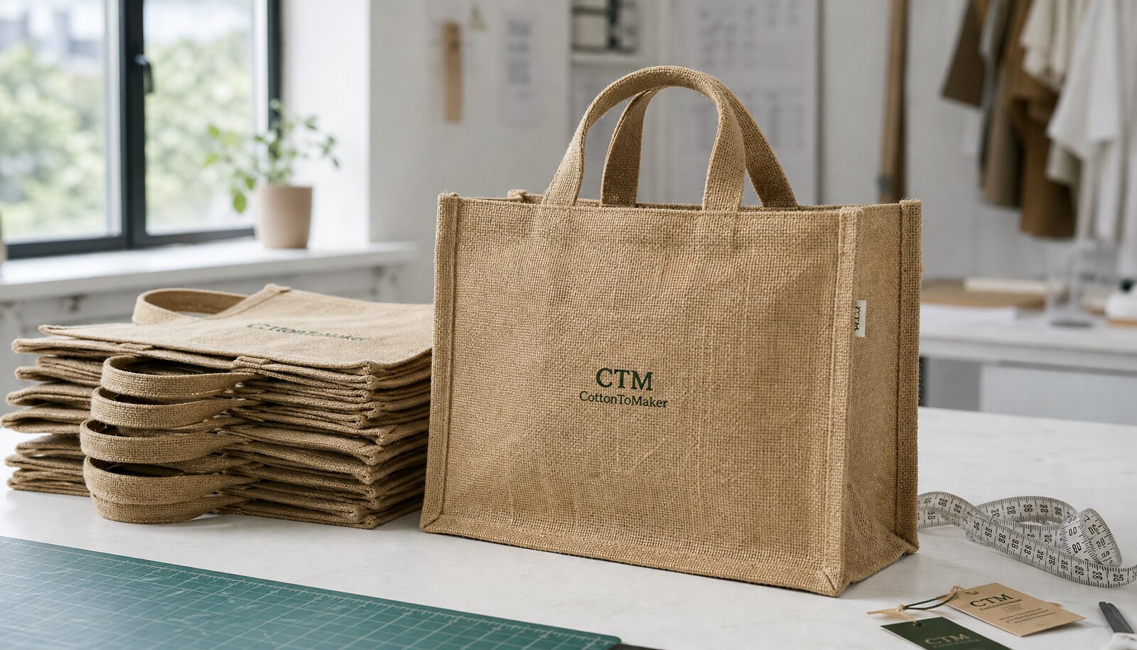 Natural jute promotional tote bag with a small CTM CottonToMaker logo printed on the front in a clean factory sample room
