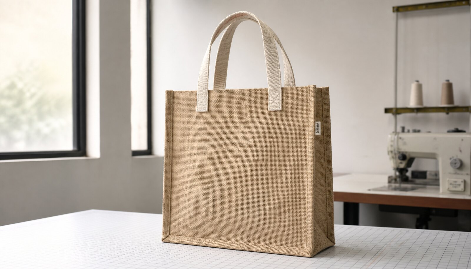 Natural jute shopping bag with CTM sample logo in a clean studio setting