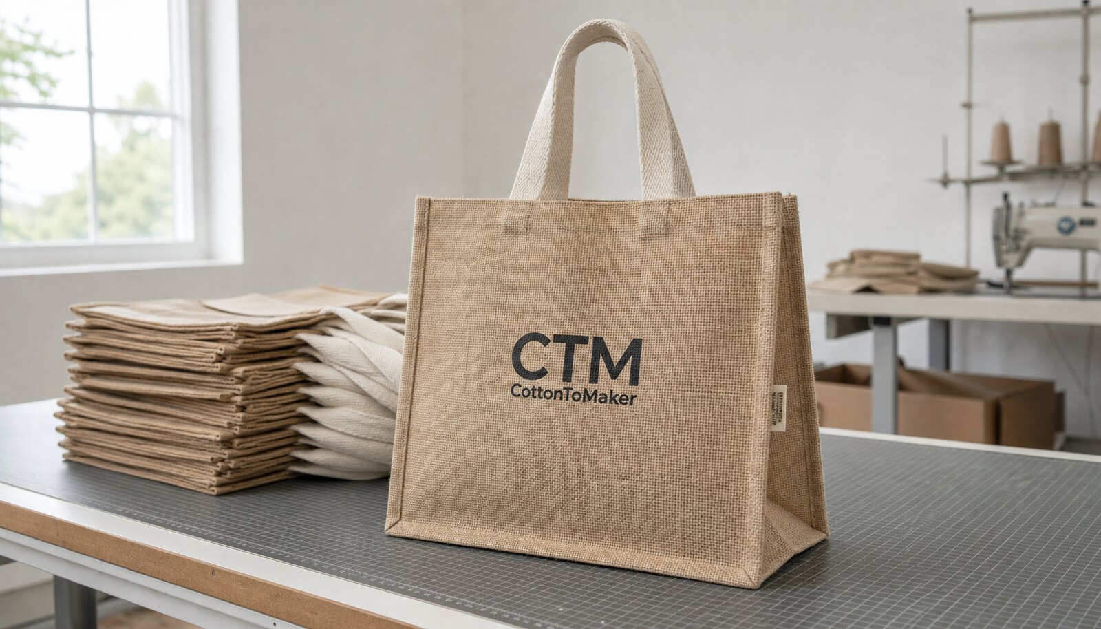 Natural jute tote bags with a simple CTM CottonToMaker logo printed on the front in a factory sample room