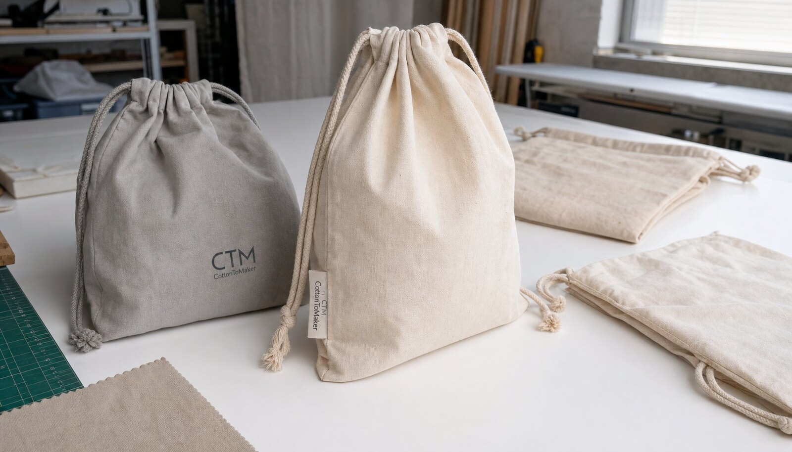 Cotton drawstring bags with a CTM CottonToMaker logo in a factory sample room