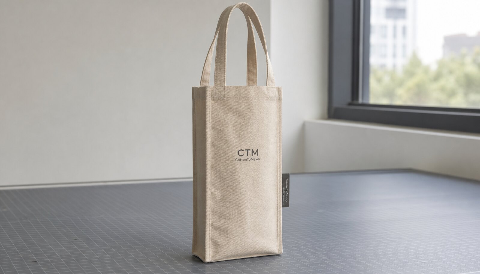 Natural cotton promotional wine bag with a small CTM CottonToMaker logo printed on the front in a factory sample room