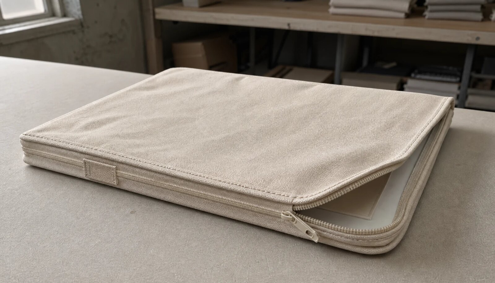 Natural canvas zipper portfolio with a small stitched CTM side label in a factory sample room