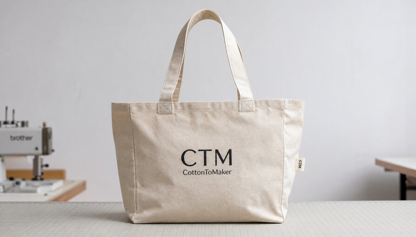 A recycled canvas tote bag with a simple CTM sample logo printed on the front, shown in a clean studio sample room.