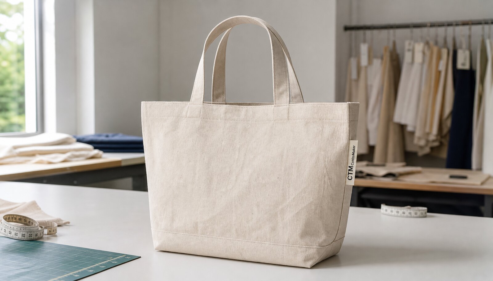 Recycled canvas tote sample with a CTM side label in a clean factory sample room