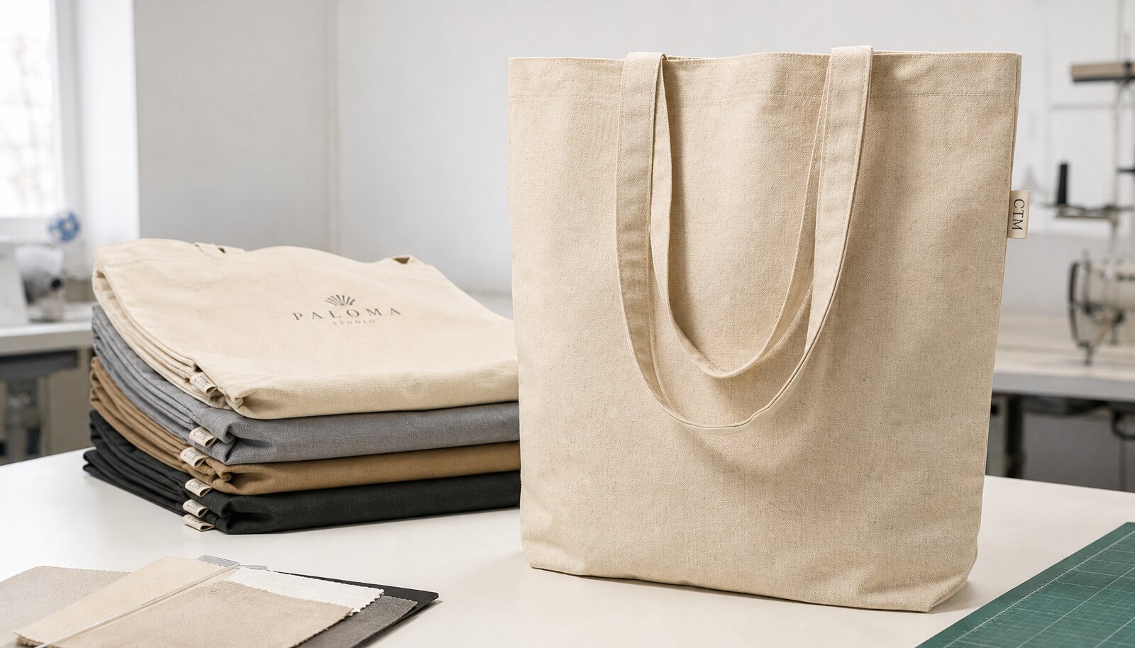Photorealistic recycled canvas tote sample with a sewn CottonToMaker label in a factory sample room