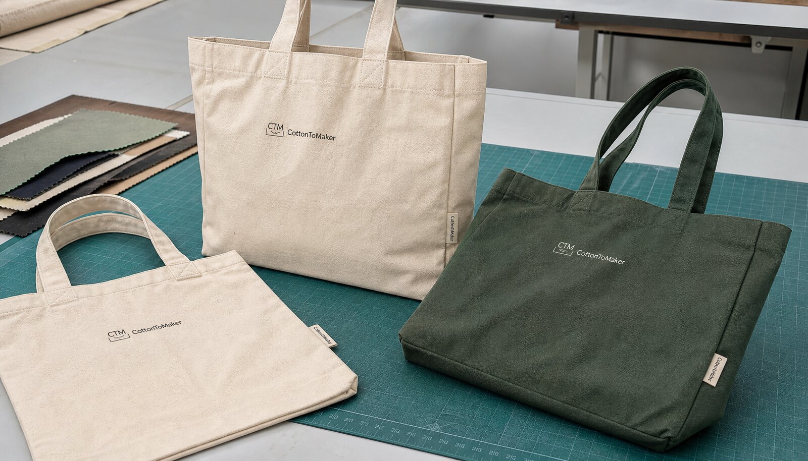 Recycled canvas tote bags with a small CottonToMaker sample logo displayed in a factory sample room