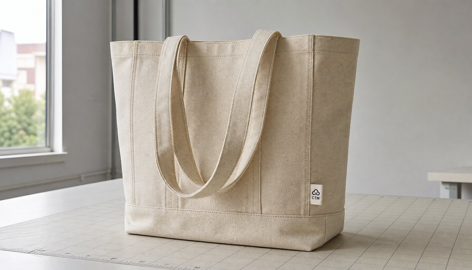 Photorealistic recycled canvas tote with a small CTM/CottonToMaker woven side label in a clean sample room.