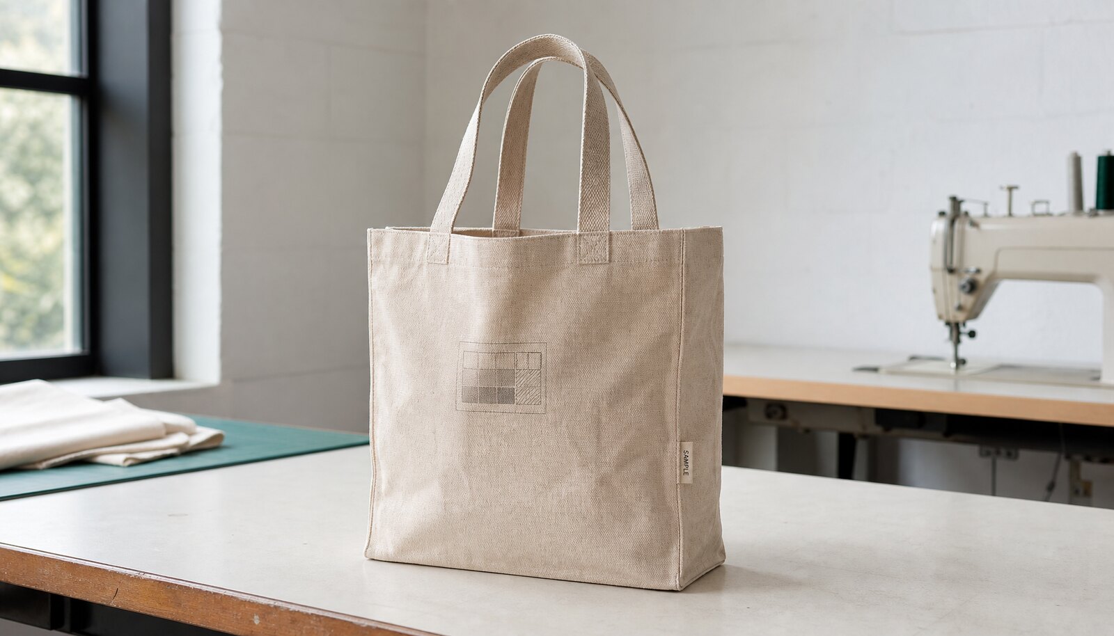 Recycled canvas tote bag with a sewn CTM sample logo shown in a clean factory sample room