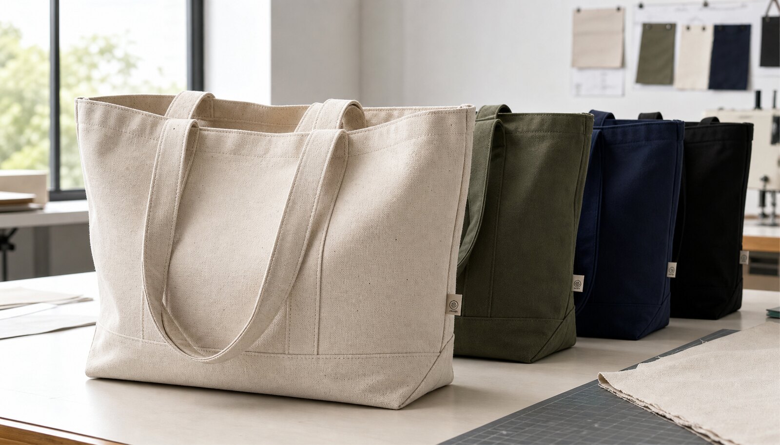 Recycled canvas tote bag with a simple CTM sample logo in a clean factory sample room.