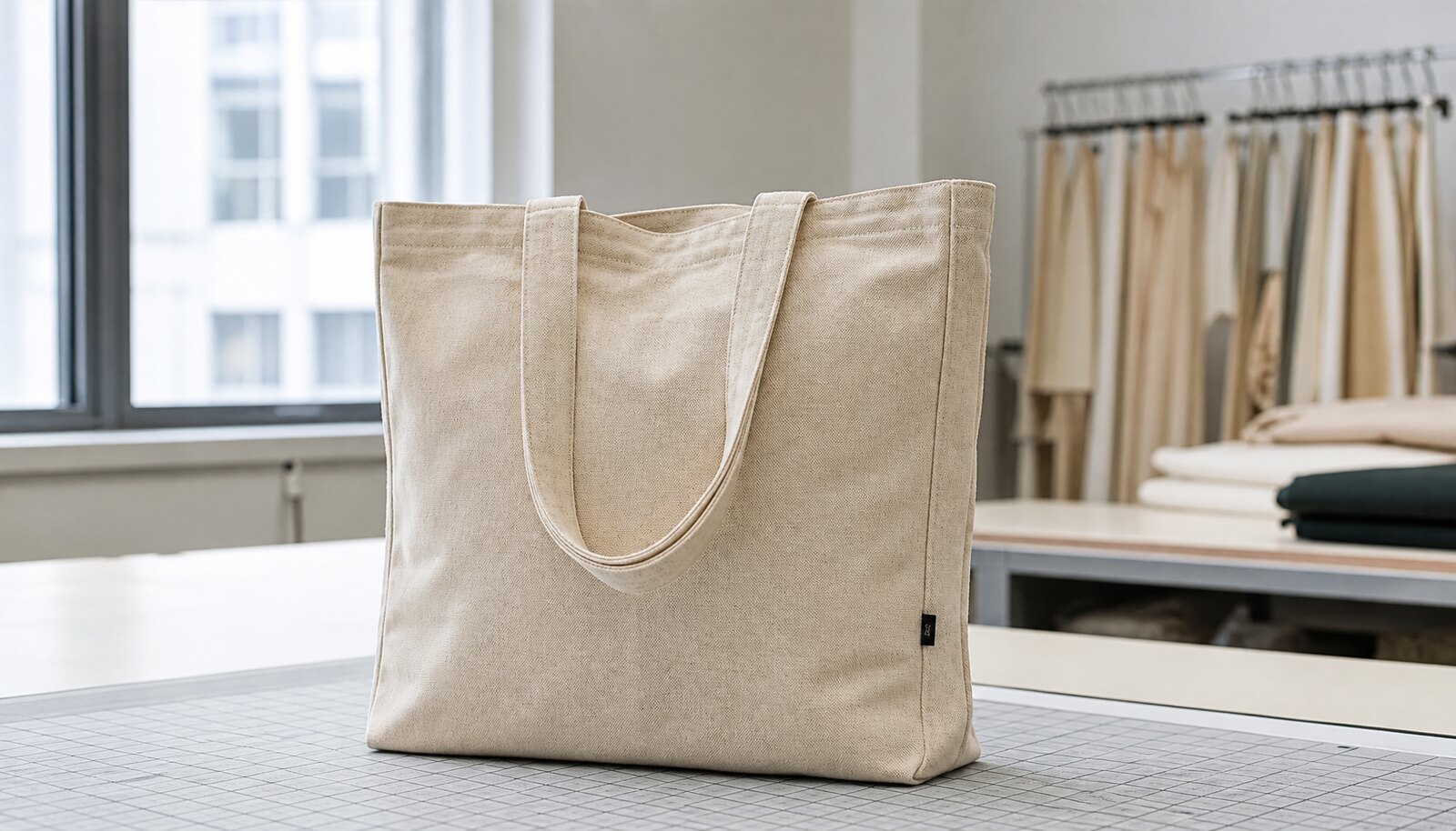 Photorealistic recycled canvas tote with a small CTM CottonToMaker side label in a factory sample room