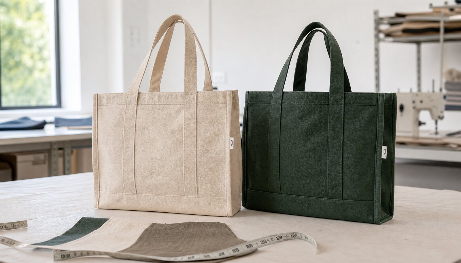Recycled canvas tote bags in a factory sample room with a small sewn CTM CottonToMaker side label.
