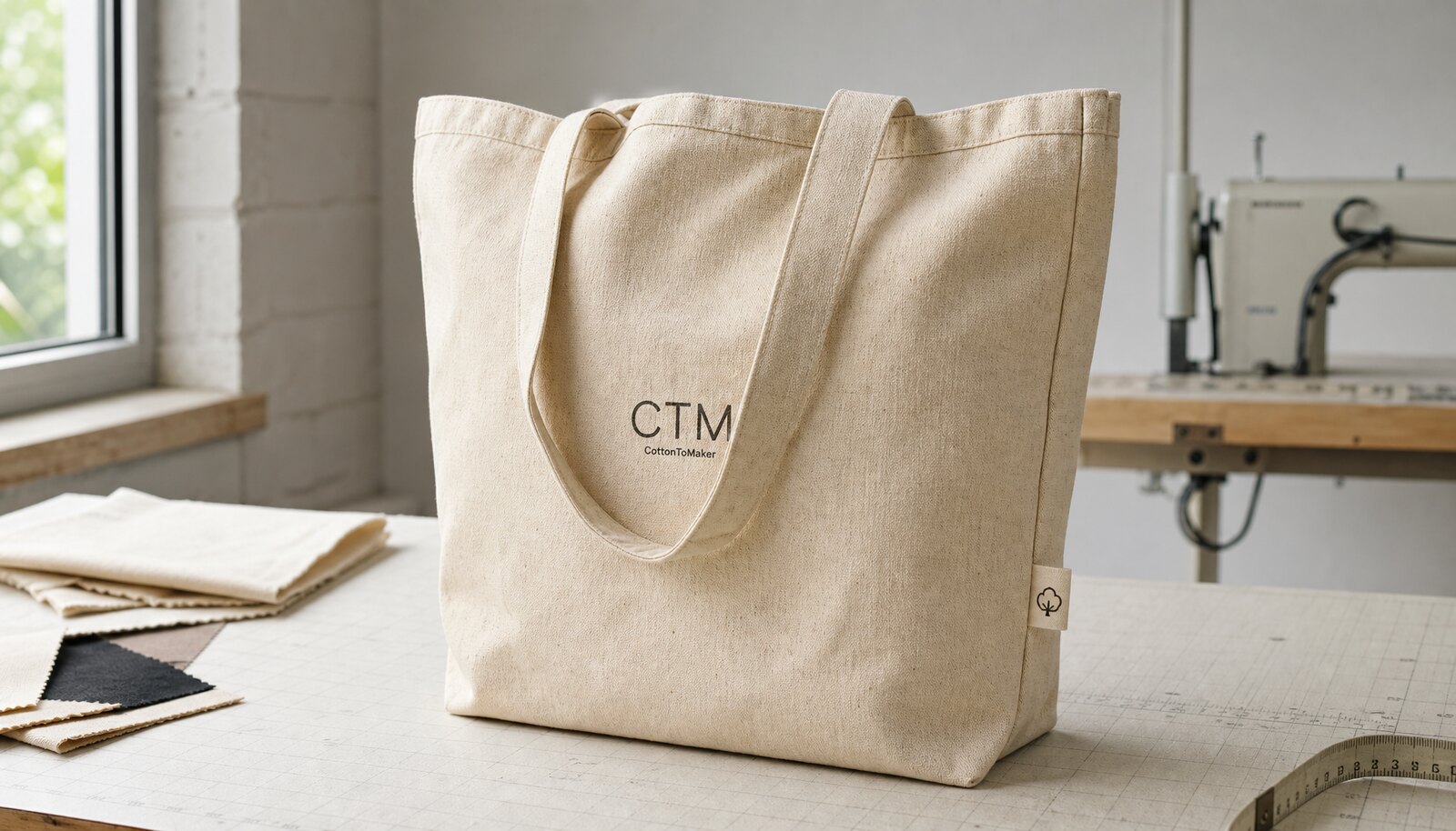 Recycled canvas tote bag with simple CTM sample logo in a clean factory sample room