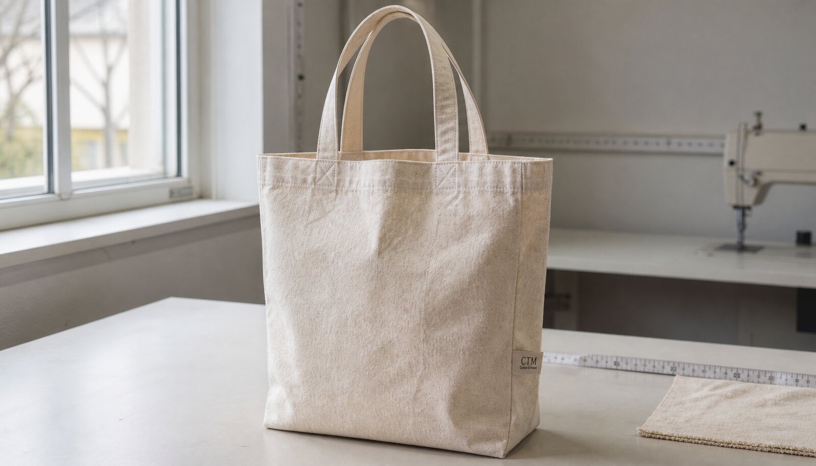 Recycled canvas tote for bookstores with a small CTM sample logo, shown in a clean factory sample room