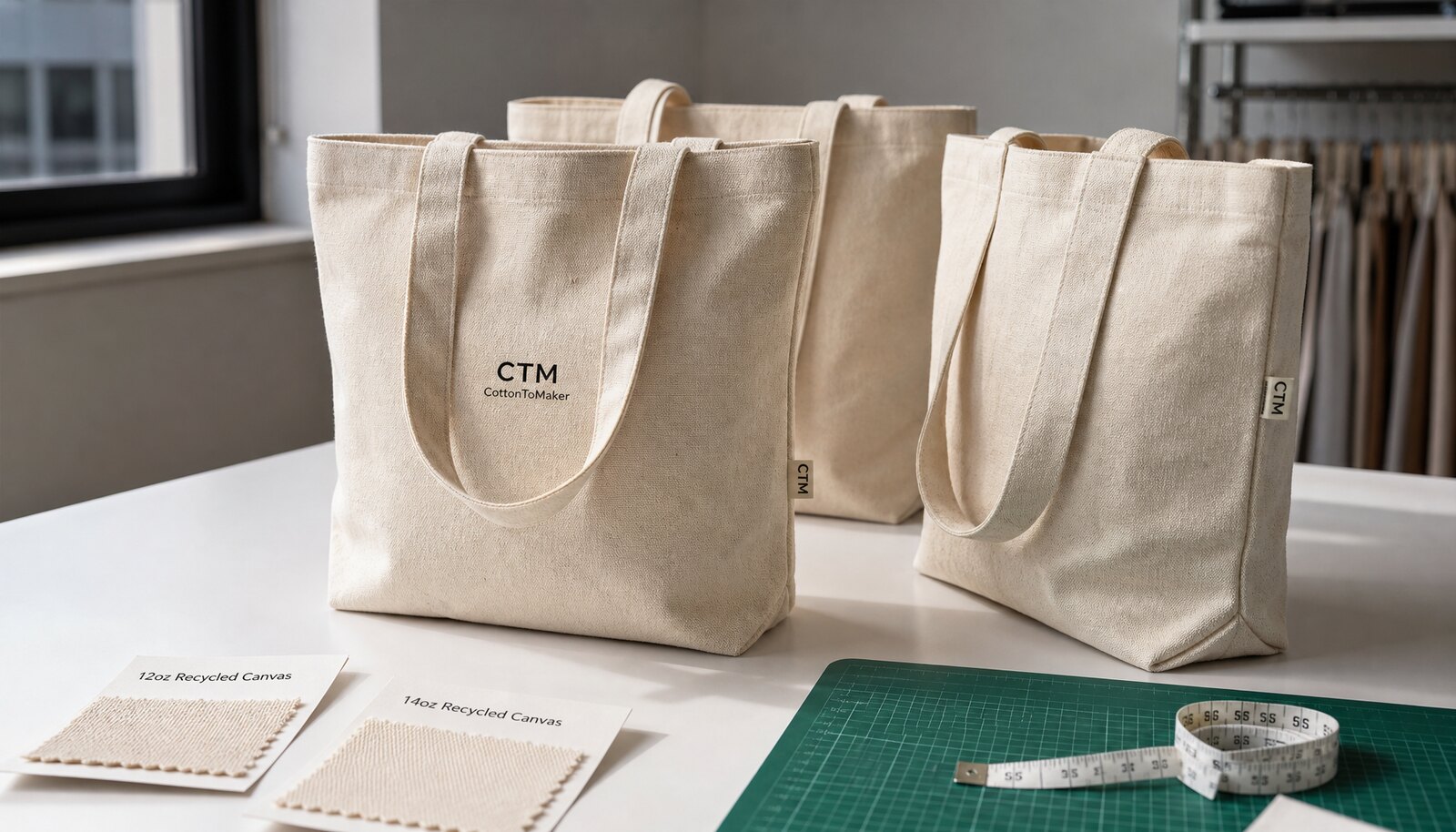 Recycled canvas totes for bookstores with a simple CTM logo printed on the bag in a clean sample room