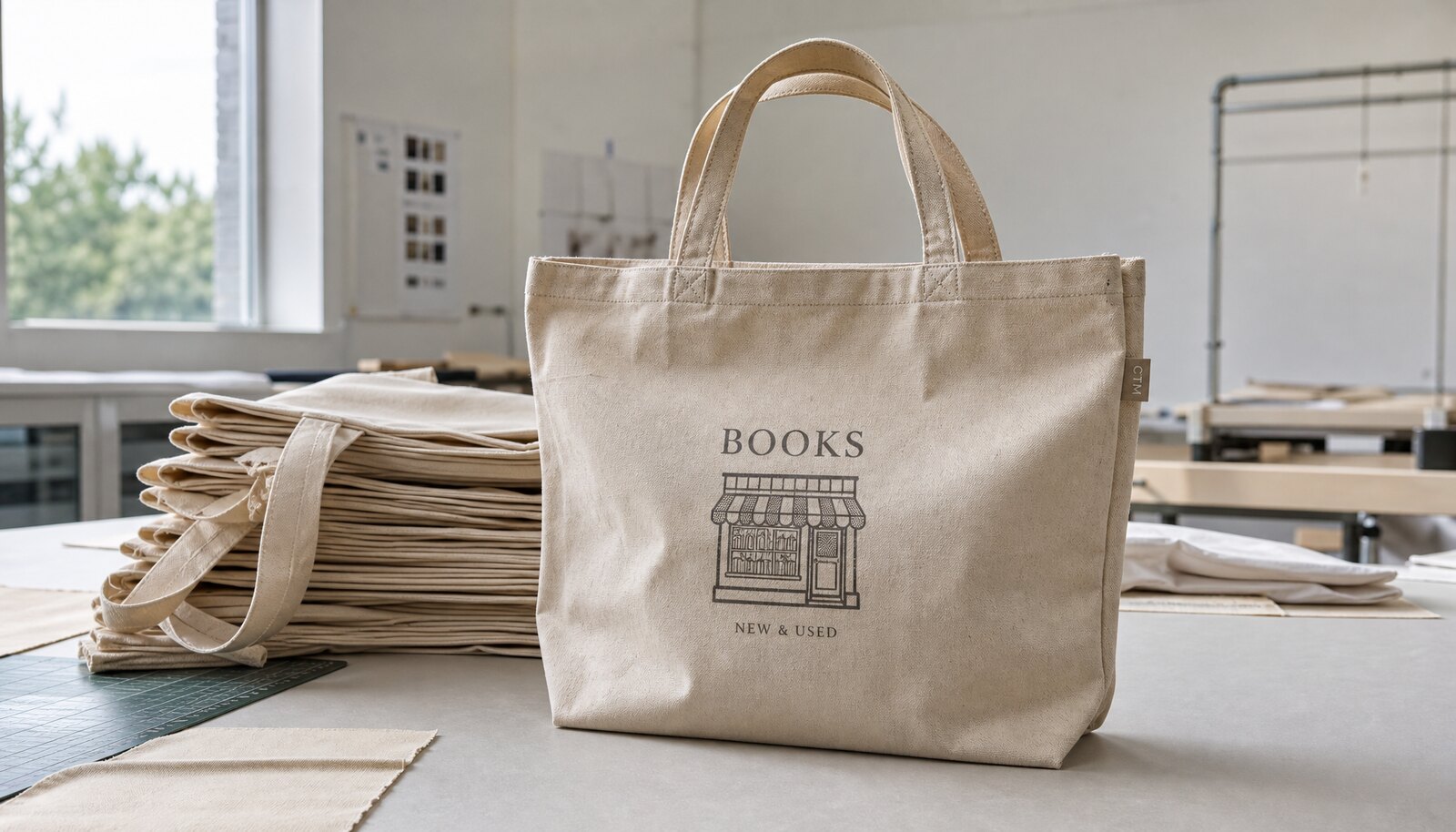 Recycled canvas tote bags with a small CTM CottonToMaker label in a factory sample room