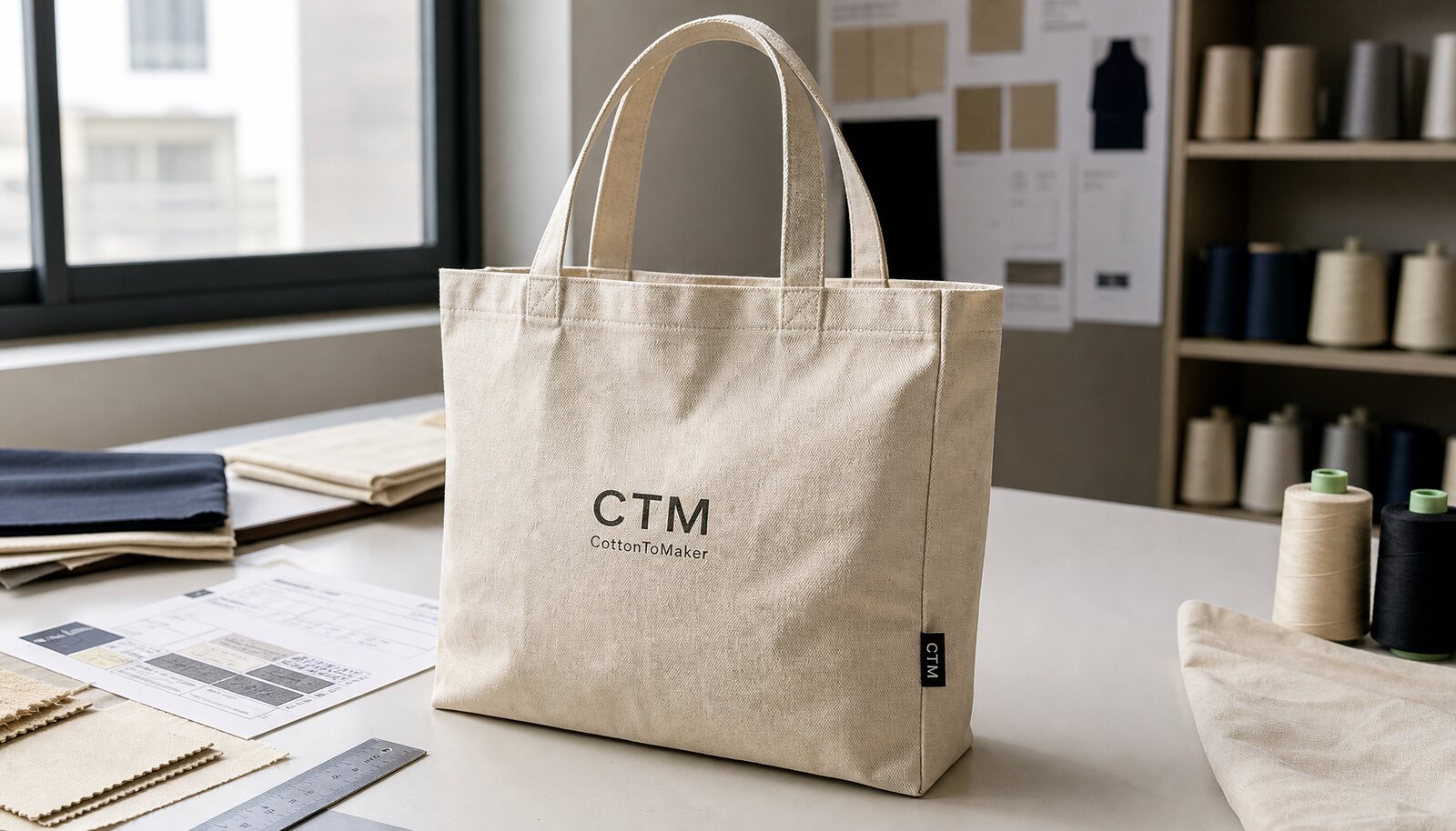 Recycled canvas tote sample with a CTM logo printed on the front and a woven side label in a factory sample room