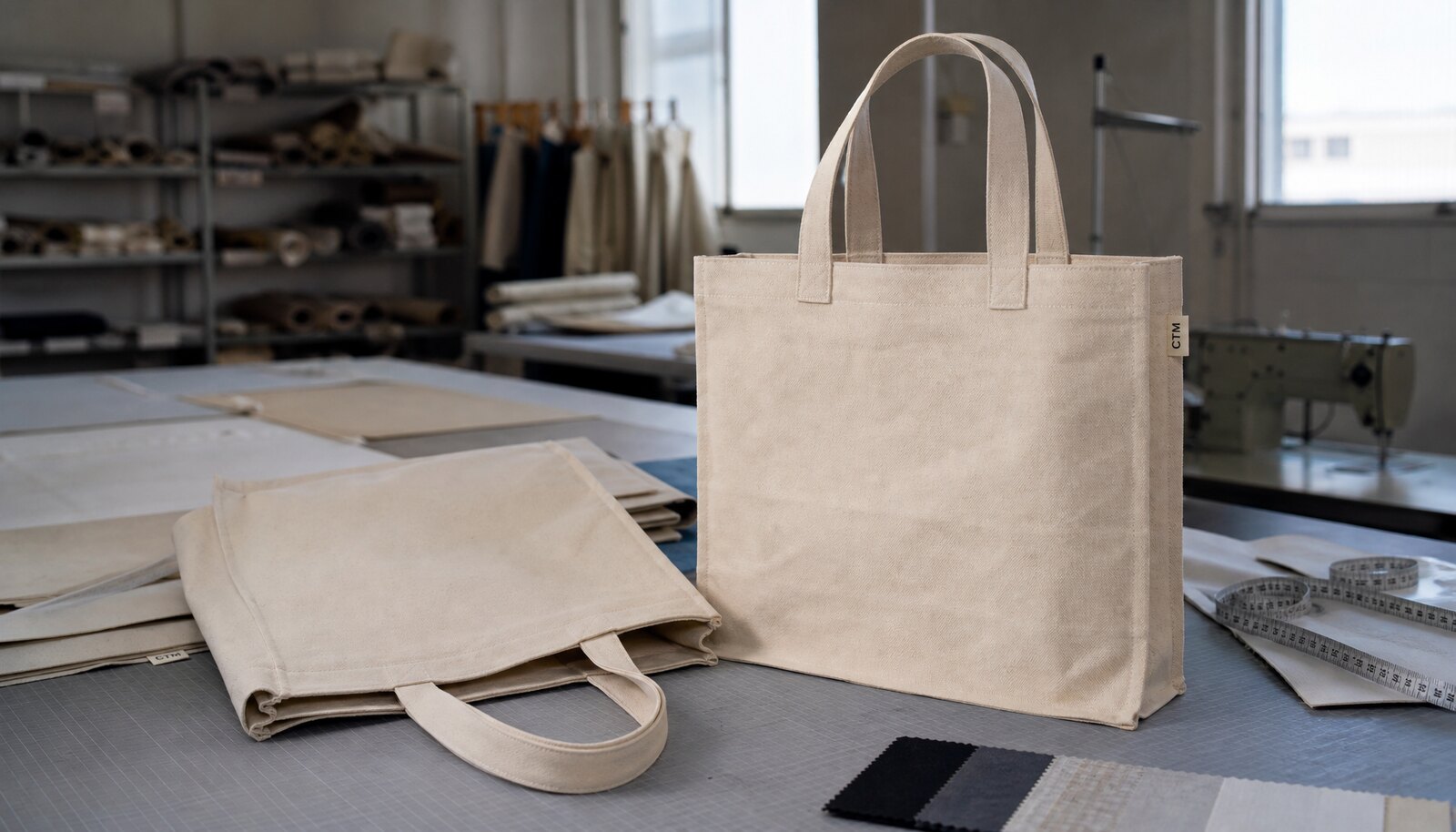 Recycled canvas tote bag with a stitched CTM/CottonToMaker side label in a factory sample room
